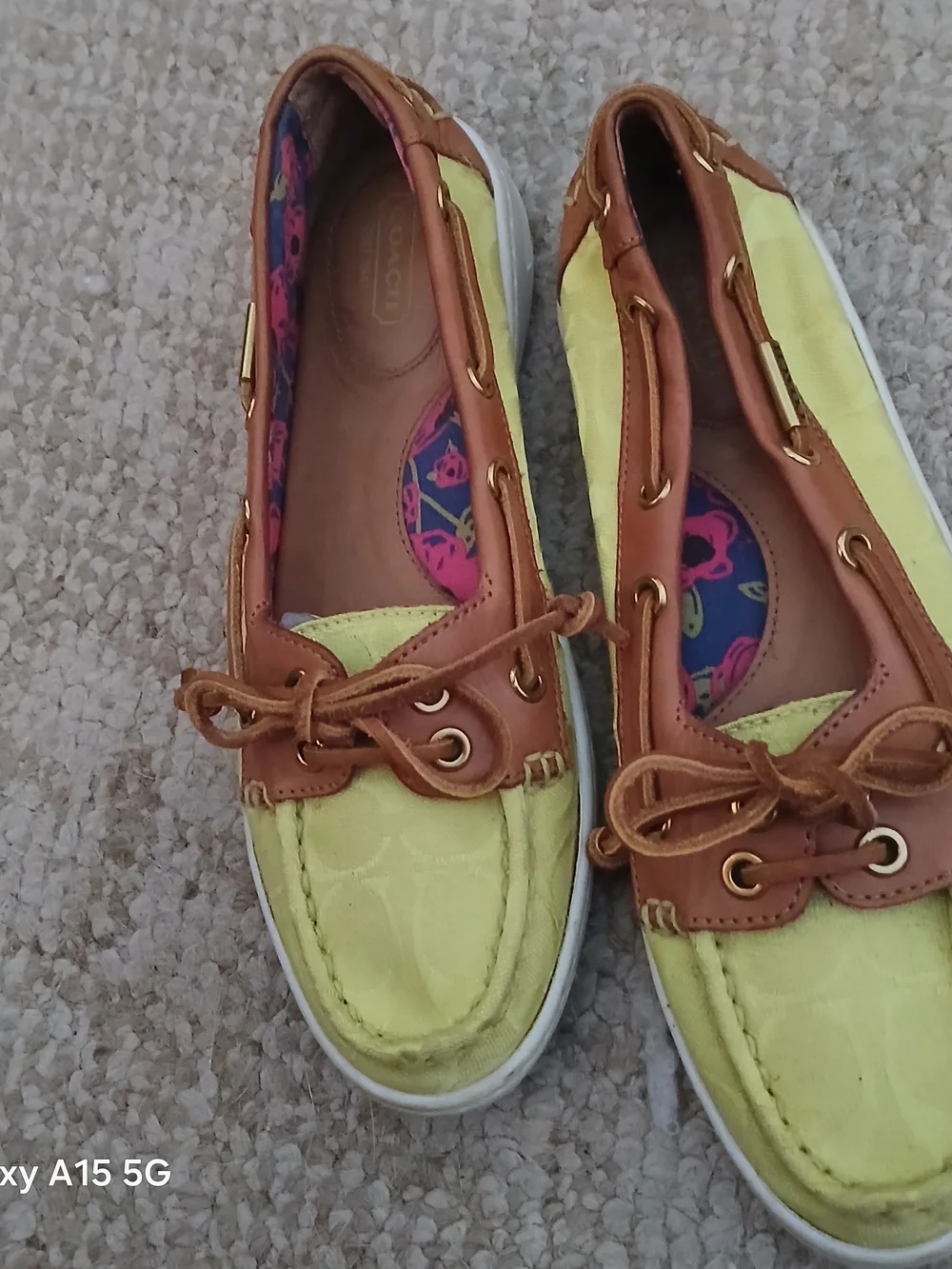 Coach Yellow Canvas and Brown Leather Trim Moccasins with Pink Printed Insole